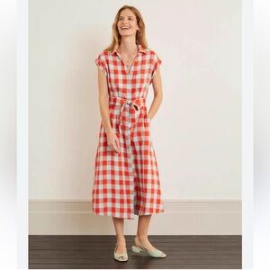 Boden Cassidy Linen Dress Orange Sunset Gingham Fully Button Closure Belted 10